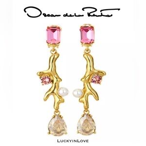 OSCAR de la RENTA • Gold Pink Crystal Pearl Coral Statement  Drop Earrings